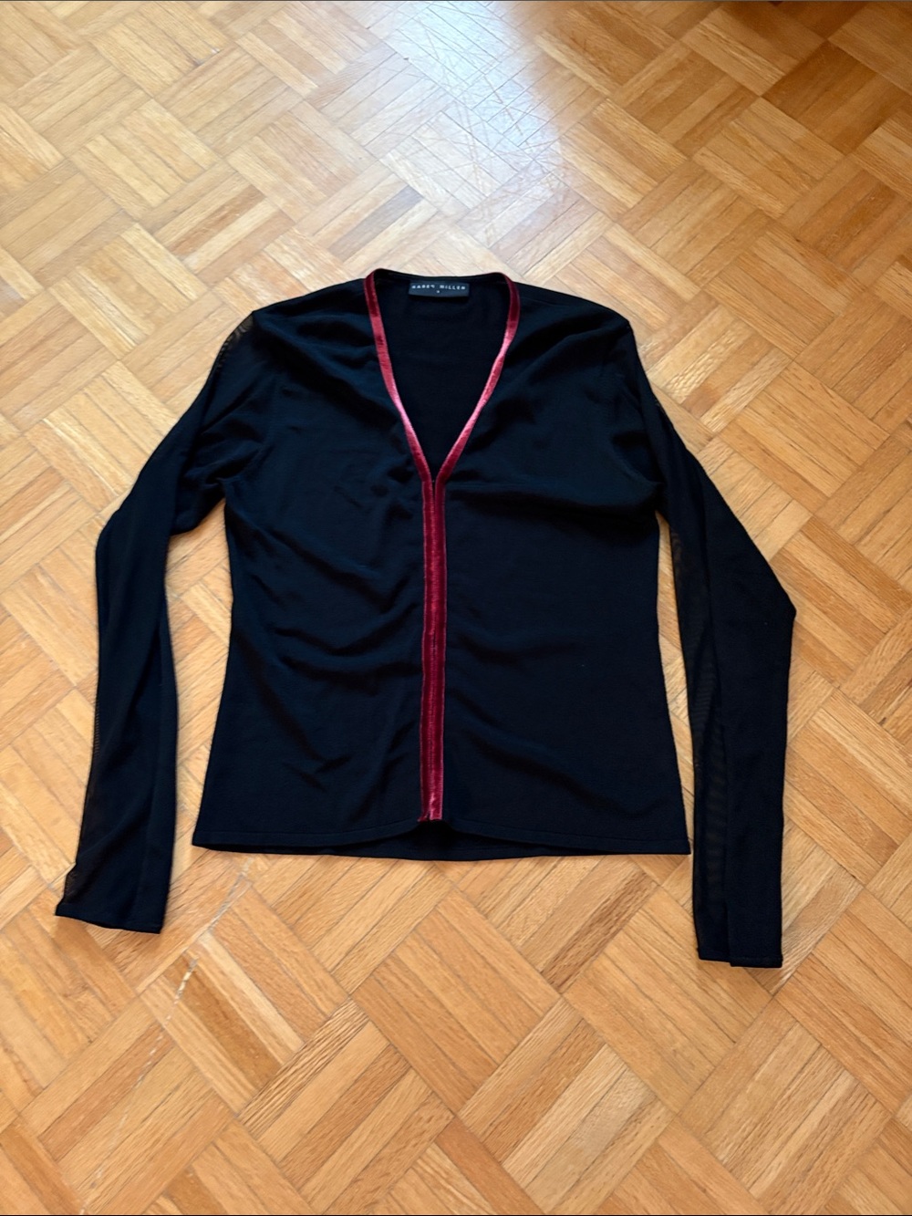 Karen’s Millen Black Cardigan with Burgundy Velvet Trim